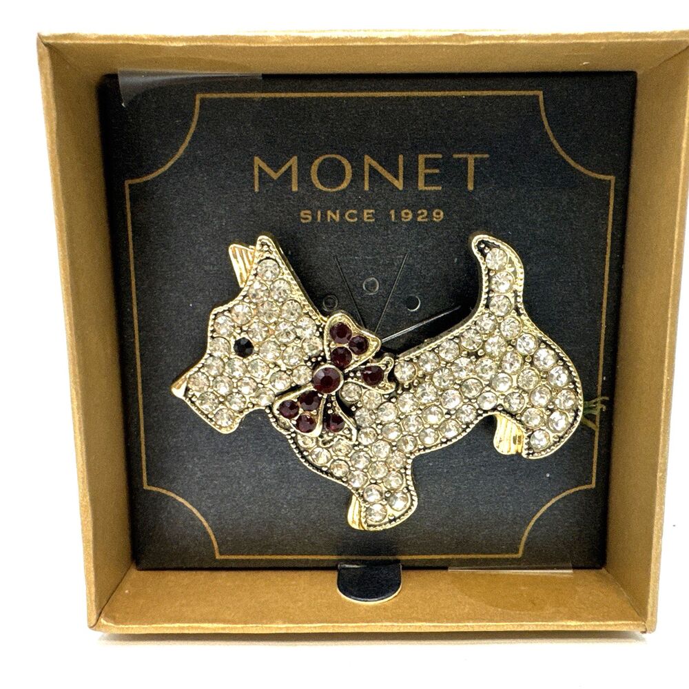 NIB Monet Scottie Dog Rhinestone Brooch Pin — Gold Tone with Red Bow Great Gift!